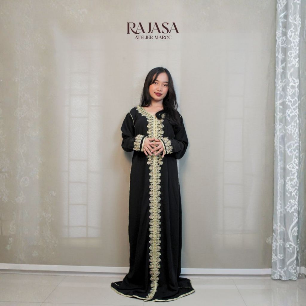 Baju Kaftan Original from Maroko, Warna Hitam - bordir emas, accesories manik manik