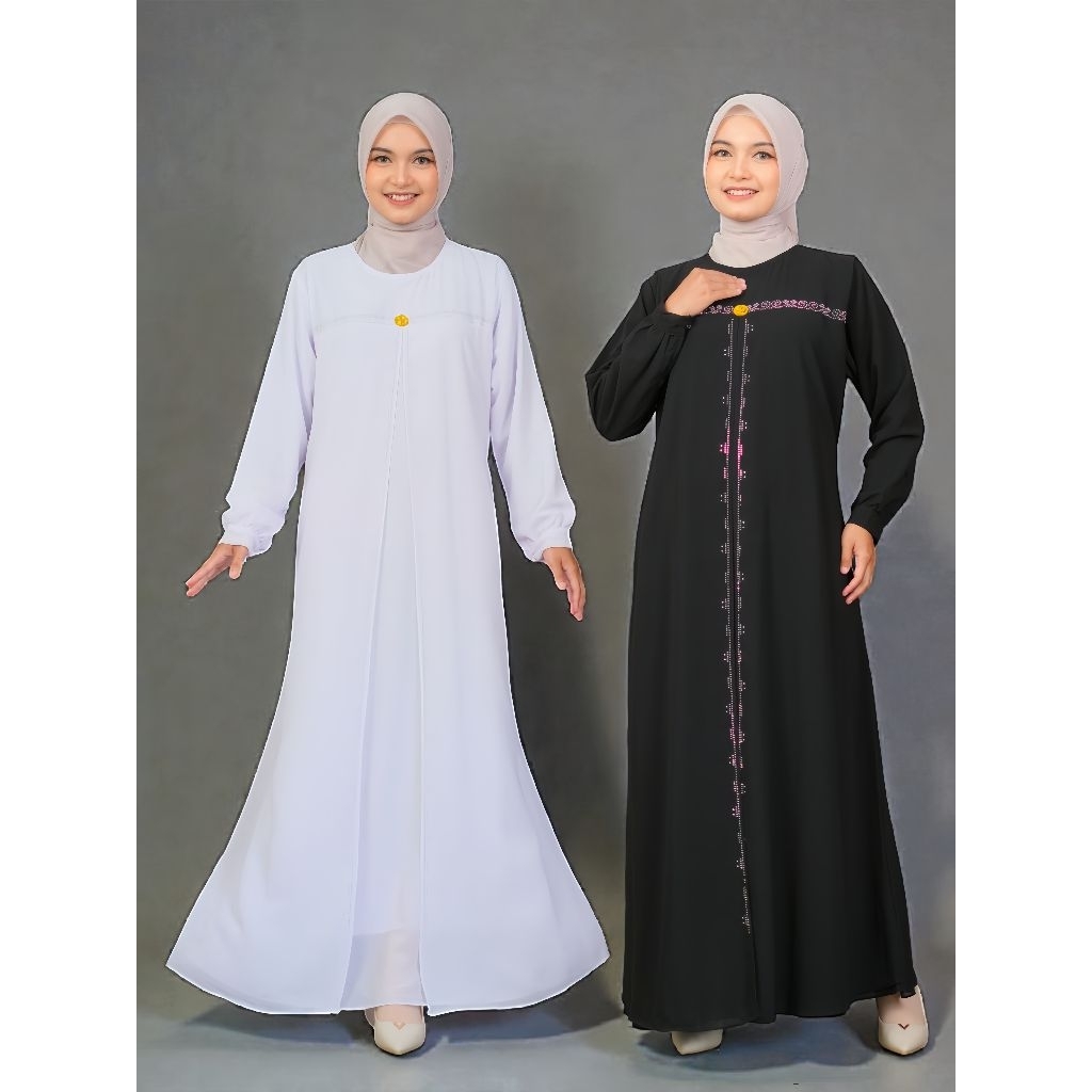 Azhavira dress gamis polos hitam putih bahan ceruty import premium