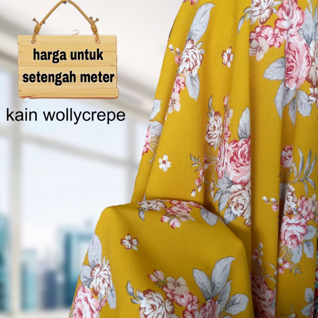 Kain Wollycrepe Motif Bunga Dasar Kuning Terbaru
