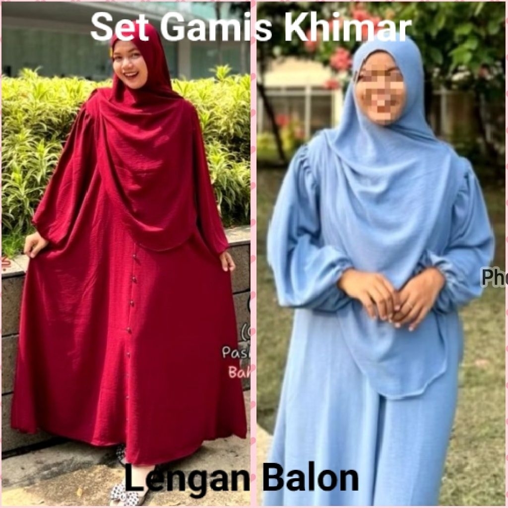 Gamis Lengan Balon Set Khimar Cantik, XL, Crinkle Airflow.