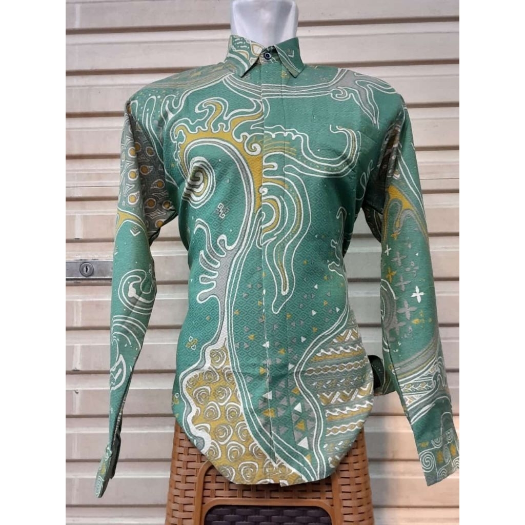 kemeja Batik pria hijau sage  batik bahan Dobby full furing