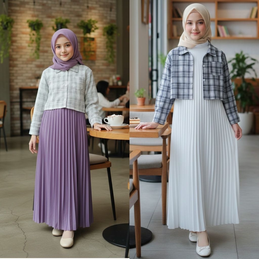 Setelan Anak Perempuan Yuki Atasan Kemeja Crop Katun Kotak dan Iner Dress Plisket Panjang Fashion Te
