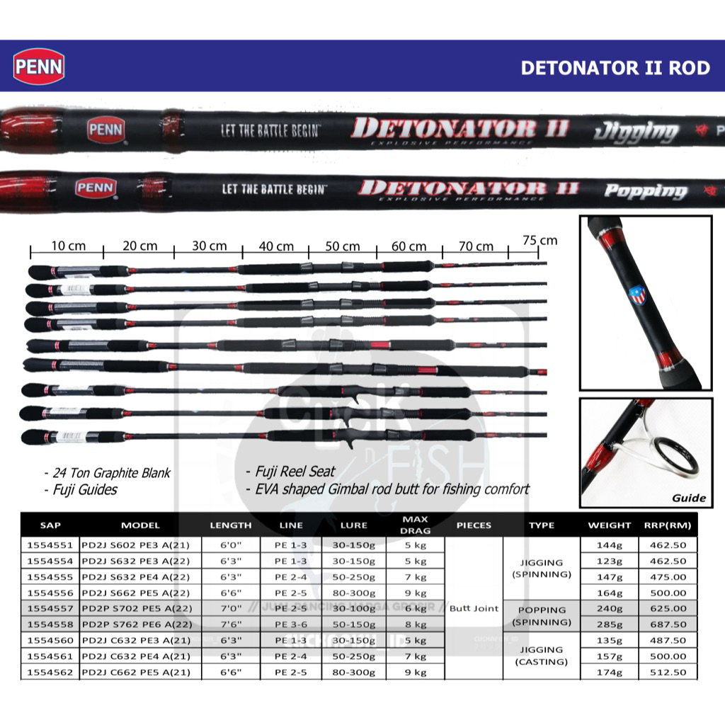 PENN DETONATOR II POPPING Spinning Rod 702 762 | Joran Pancing Popping FUJI Guide Saltwater