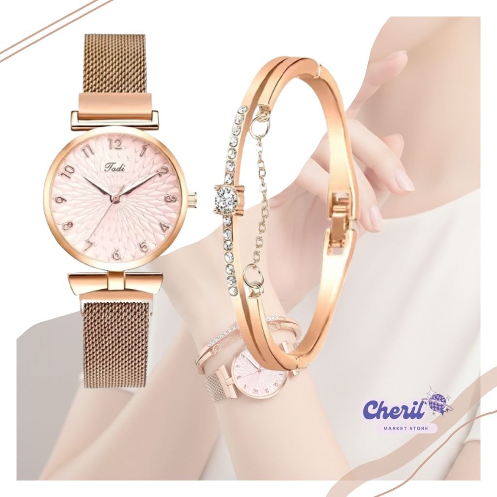 Cheril Tadi Jam Tangan Wanita Stainless Steel with Bracelet - LV01 - Rose Gold/White - Arloji - Mesi