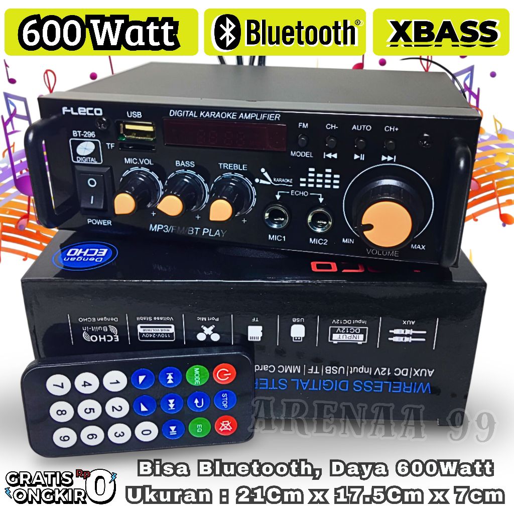 AMPLIFIER BLUETOOTH AUDIO FLECO BT-296 BASS +TREBEL +BLUETOOTH +BISA INPUT MIC +USB +AUX +FR RADIO +