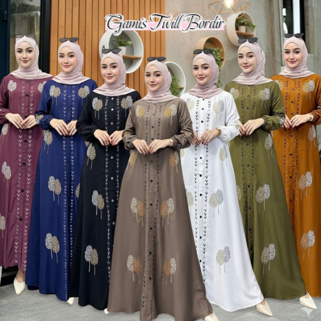 M L XL XXL Gamis Twill Rayon Premium Kombinasi Bordir Model Kancing Terbaru Jumbo Syar'i Kekinian - 