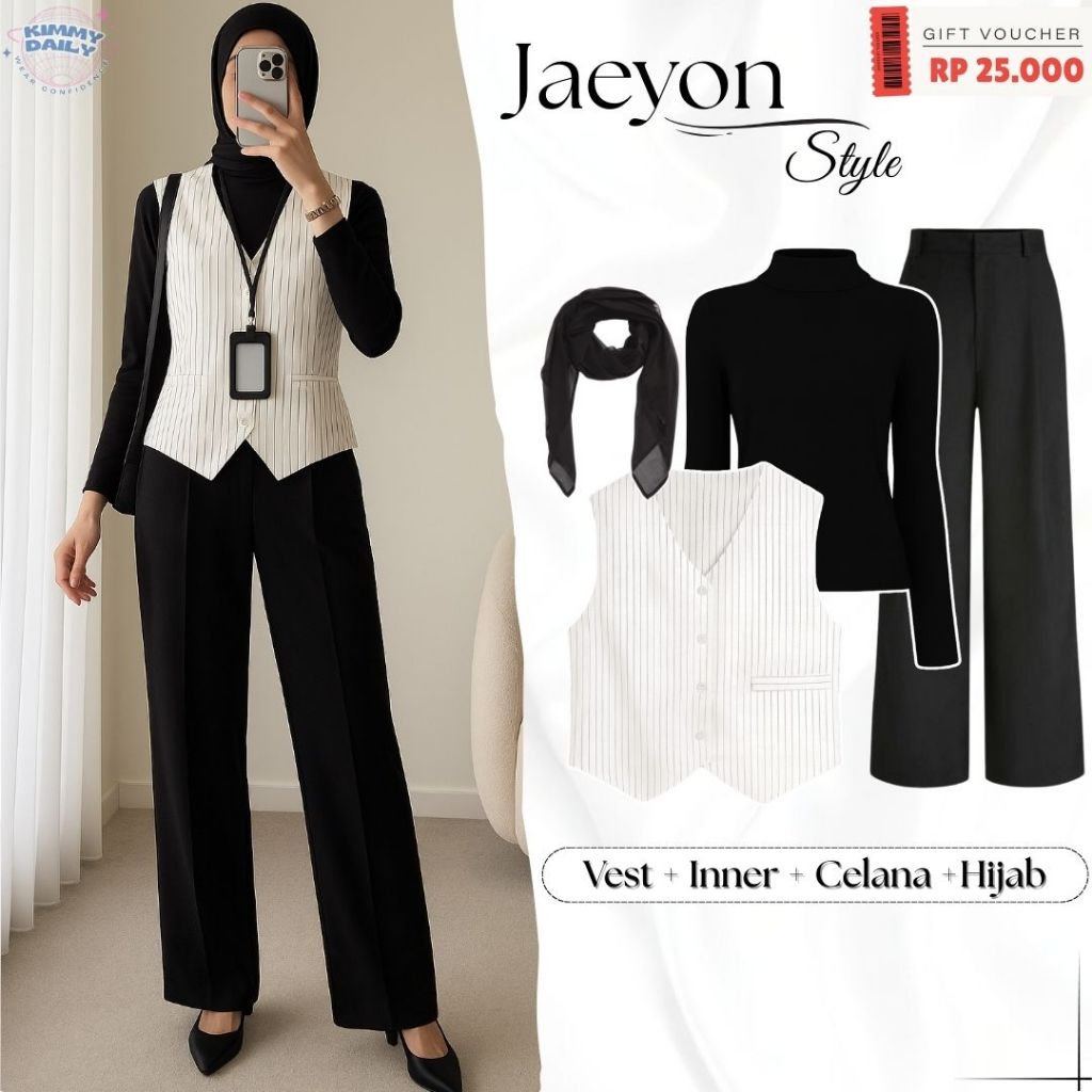 One Set Wanita Casual Look Hangout Kekinian (Vest Stripe Broken White, Inner Spandek, Celana Jennie 