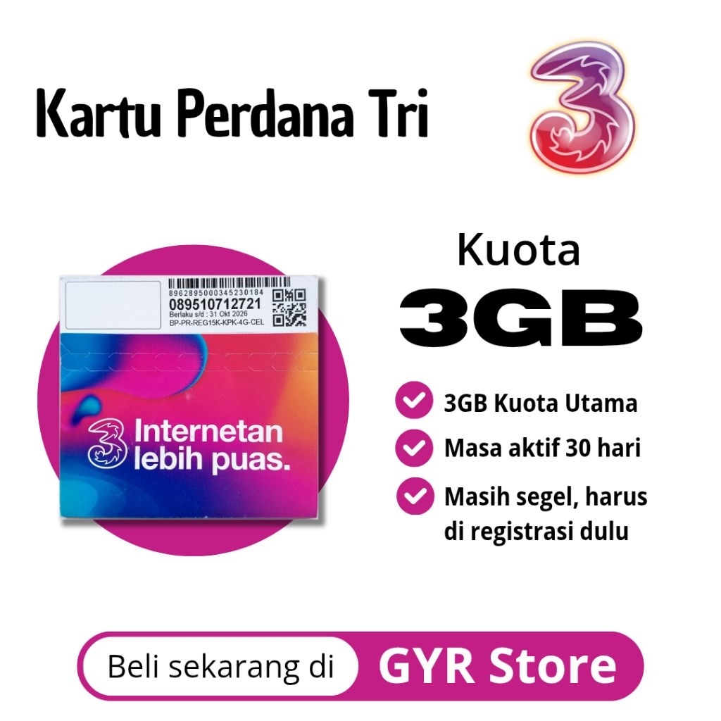 Kartu Perdana Tri Kuota 3GB Masa Aktif 30 Hari