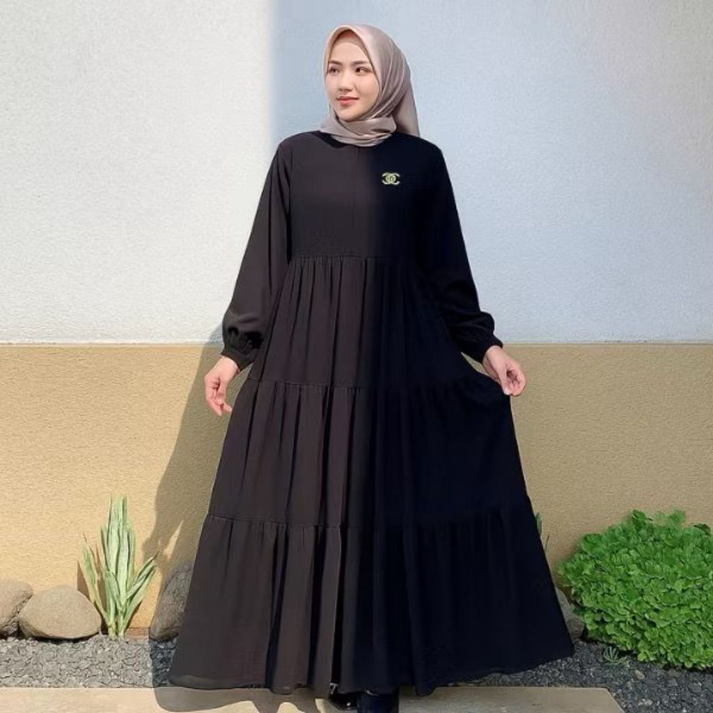 gamis ceruty 3 susun/dress serut umpak ceruty/dress wanita/gamis polos