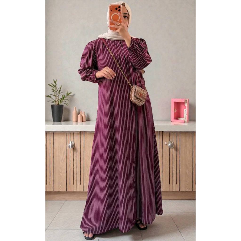 Gamis Stripe Rayon Viscose Salur Jumbo Busui Friendly / Dress Muslimah Lengan Balon Crinkle Premium