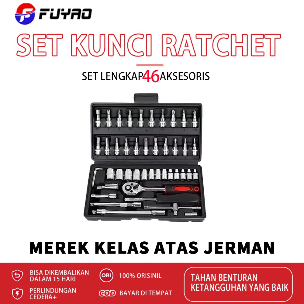 Set 46 buah kunci soket mobil dan motor serta peralatan perbaikan termasuk satu set lengkap peralata