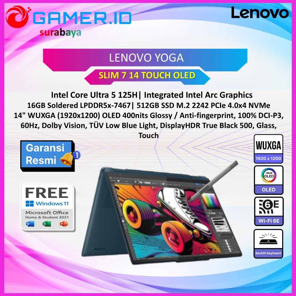 LAPTOP LENOVO YOGA SLIM 7 14 TOUCH OLED ULTRA 5 125H - 16GB 512GB 14.0WUXGA