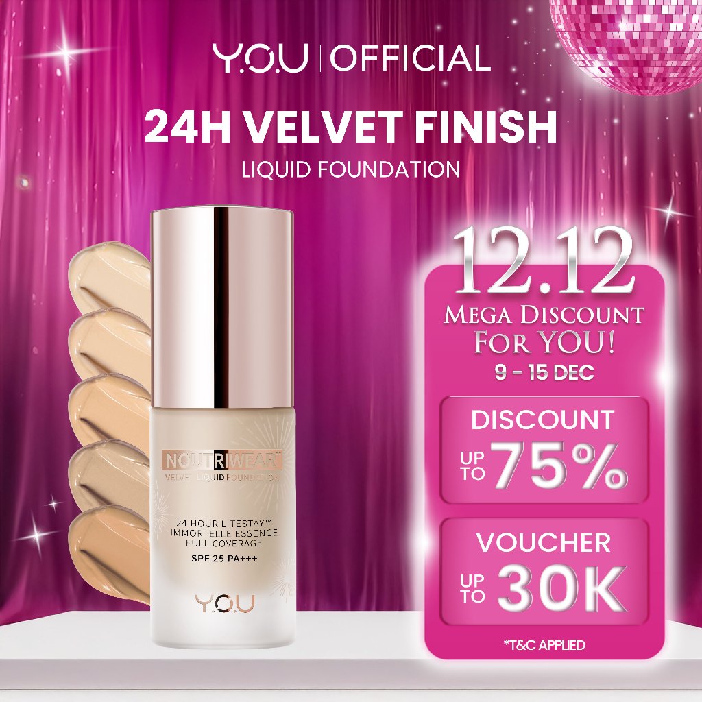 YOU 24H NoutriWear+ Velvet Liquid Foundation SPF Alas Bedak Perawatan Wajah Tahan Lama 24 Jam Full C