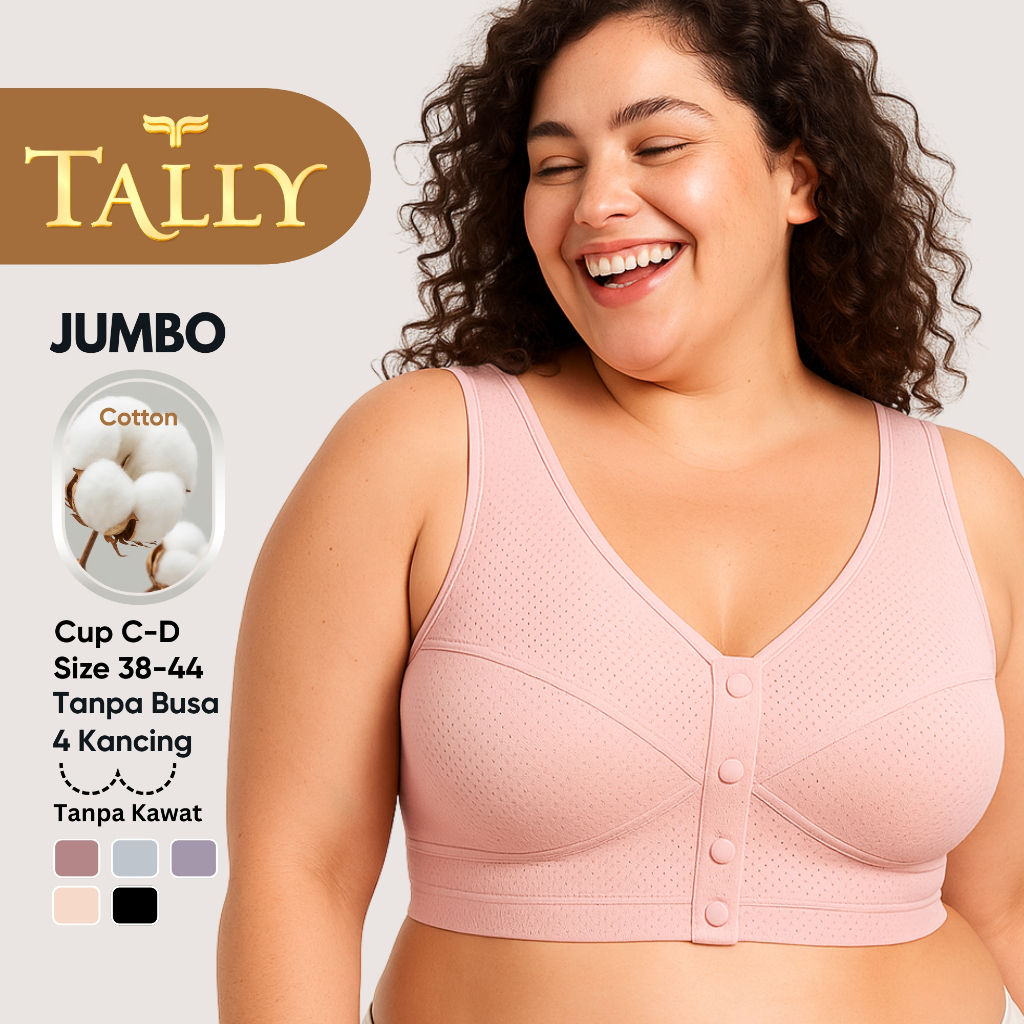 Tally Bra Tanpa Kat Tanpa Busa Bahan Katun Pori Cup C - D Kancing 4 Bra Jumbo Kancing Depan Bh