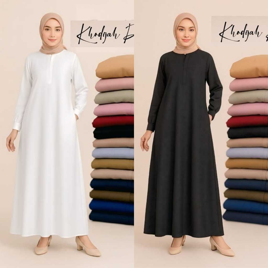 Khodijah Gamis Polos Toyobo Premium – Adem Halus, Syar’i Wanita, Tersedia Warna Hitam Putih Haji Umr