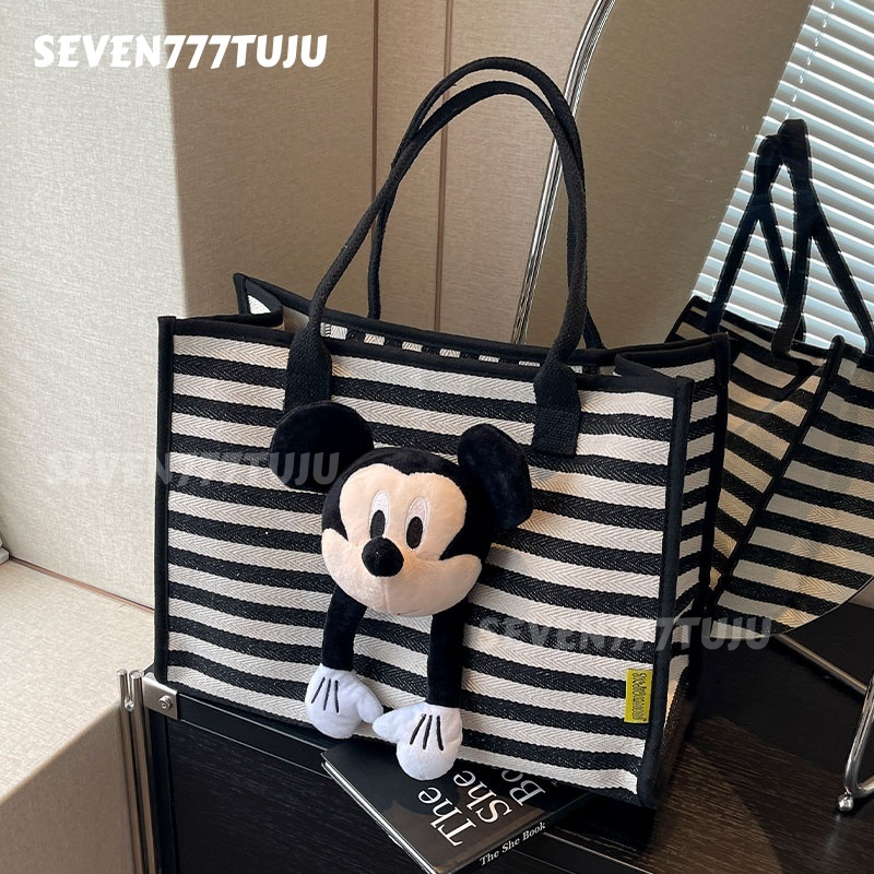 Tas tote bag wanita kanvas/Tas Tote M*ckey Mouse Kartun Lucu/Tas Bahu Kanvas Bergaris Baru/Tas Wanit