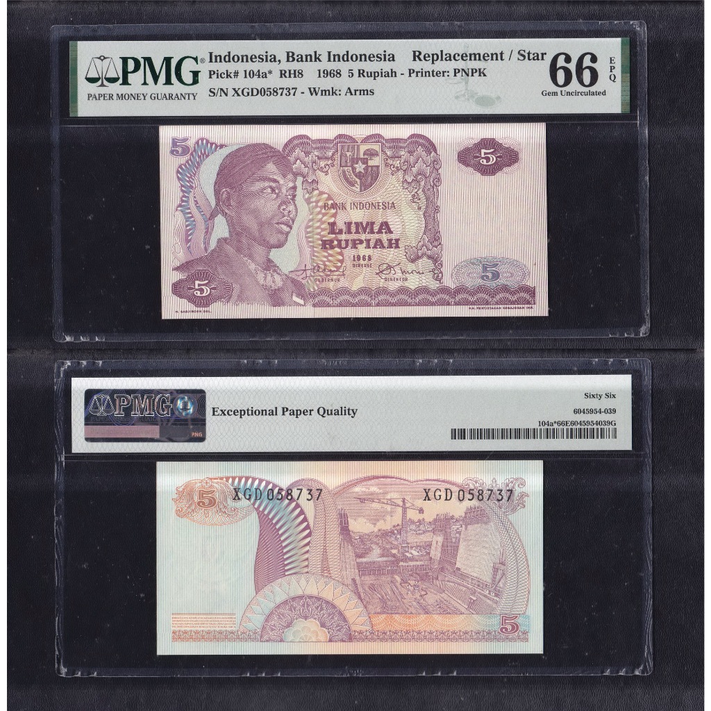Uang kuno PMG 66 EPQ - 5 rupiah tahun 1968 emisi Jendral Sudirman #Replacement S/N XGD058737