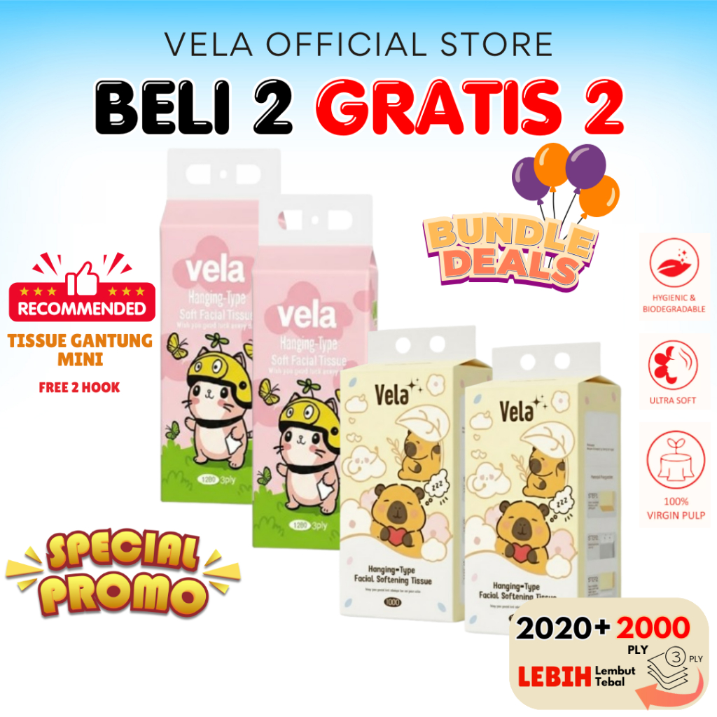 Paket Bundle VELA [2 Pak + 2 Pak] Tissue Gantung Pink Kucing & Capybara – 3 Ply Total 3576 Sheets | 