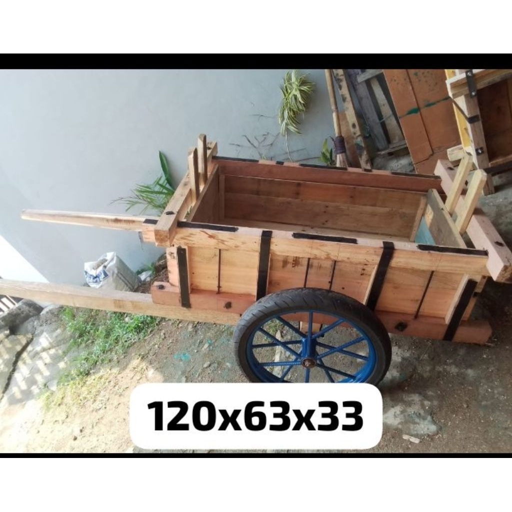 gerobak kayu ban motor gerobak pasir ukuran 120x63x33cm