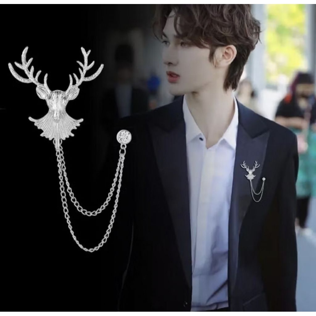 Lapel bros pin bros krah baju bros pin rantai lapel kepala rusa mewah elegan