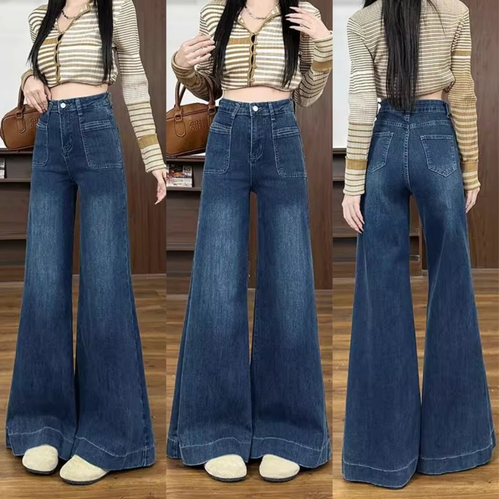 meissi.id  Celana Jeans Wanita High Waist Wide Leg Cutbray Denim Long Pants Model Korea Streetwear C