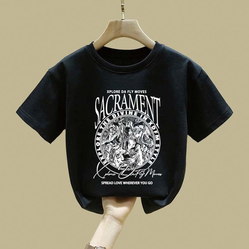 JiOJiO Cetakan huruf karakter gaya Cina retro Amerika pakaian anak baju anak perempuan baju anak lak