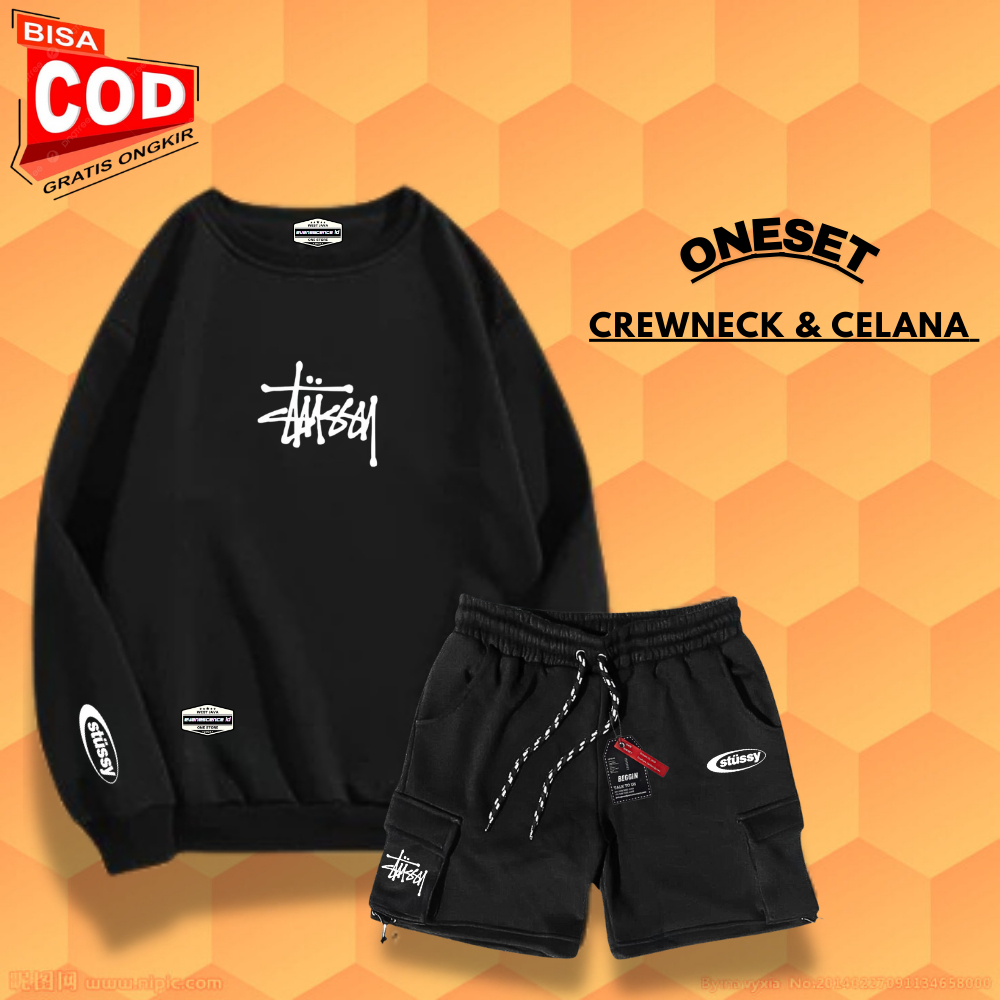 Oneset Crewneck Switer Dan Celana Pendek Cargo Pria Wanita Distro Setelan Sweater Oblong Terlaris Se