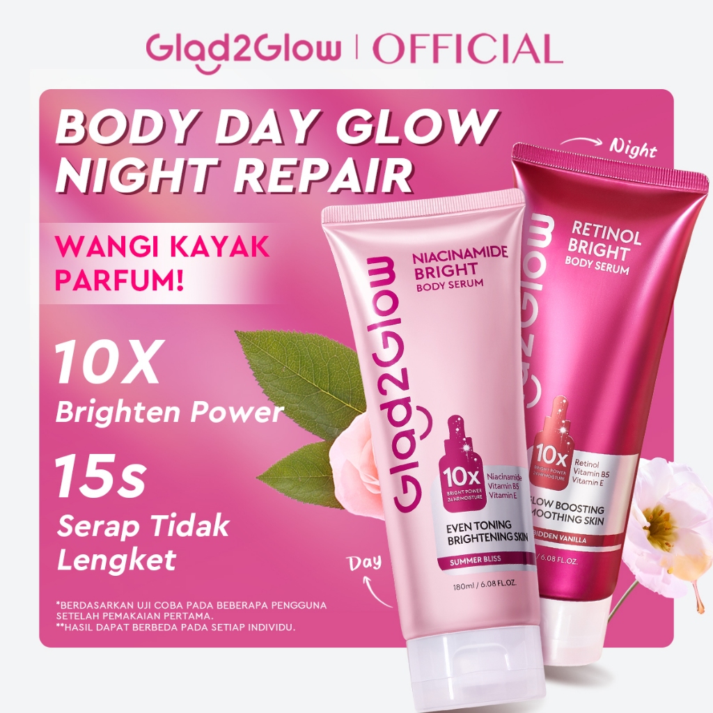 [ Sale 14 Dec 6pm ] GLAD2GLOW NIACINAMIDE/RETINOL BRIGHT BODY SERUM DAN LOTION 10X Cerah Instant Abs