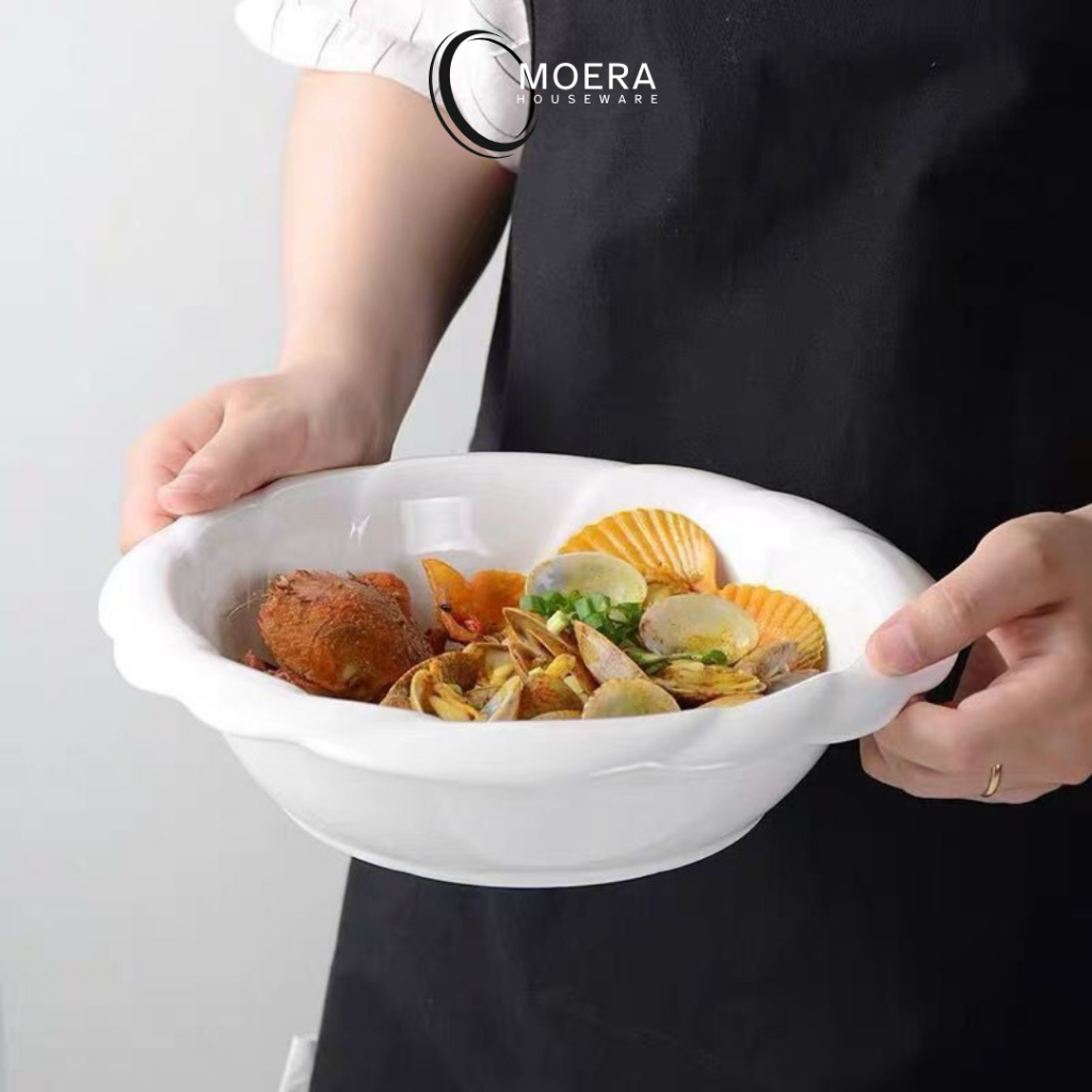 MOERA Mangkok Gel Keramik Premium Putih Ukir Diameter 20 & 24cm / Mangkok  Saji Obor Hotelware Resto