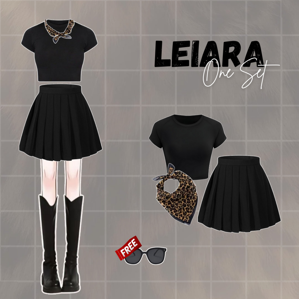 Outfit Korean Style | Crop Top Kemben Kaos Hitam Cream Rok Mini Slayer Leopard | One Set 3in1 OJ148