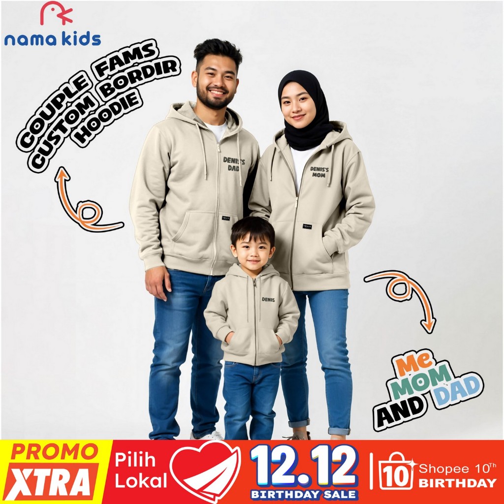 Hoodie Zipper Custom Bordir Nama Dewasa dan Anak Couple Keluarga Sweater Reseleting Bordir Nama Swea