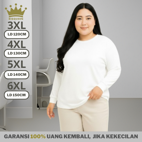 Kaos Polos Wanita Lengan Panjang Jumbo Combed 30S Premium Oversize LD 120-150 Putih
