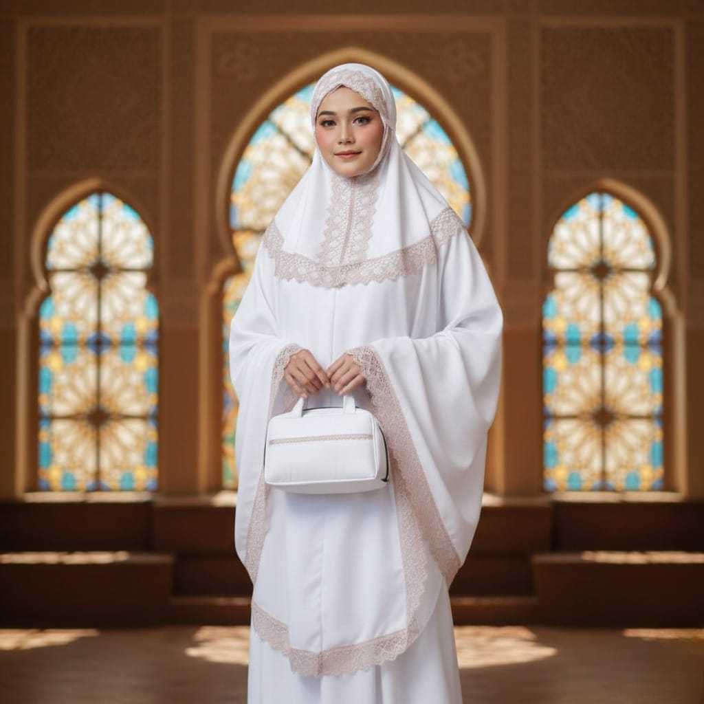 Mukena 2in1 Travel Resleting Mewah - Mukena Jumbo Renda Hitam Putih - Mukena Lengan Premium Haji Umr