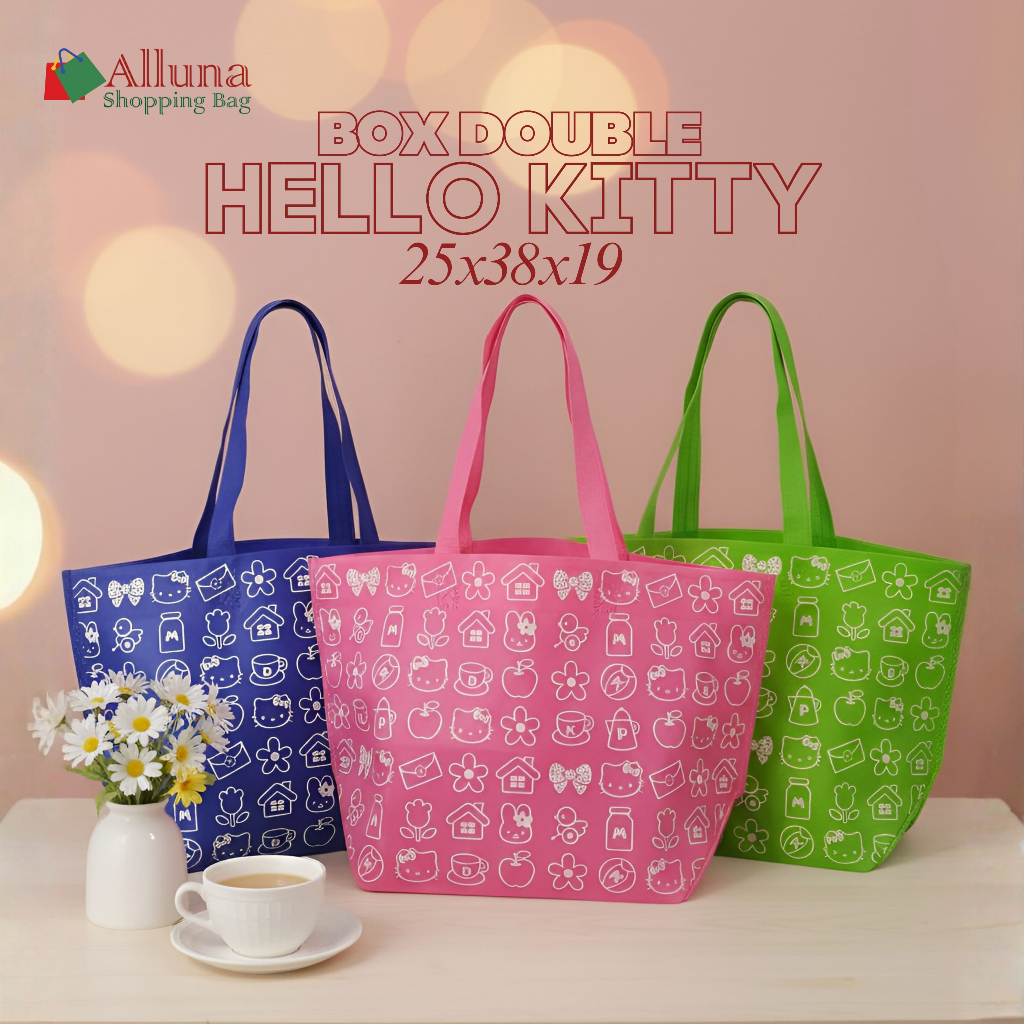 Tas Belanja Box Double Hello Kitty Shopping Bag Ukuran Besar (25x38x19) | Tas Kain Spunbond Multiwar