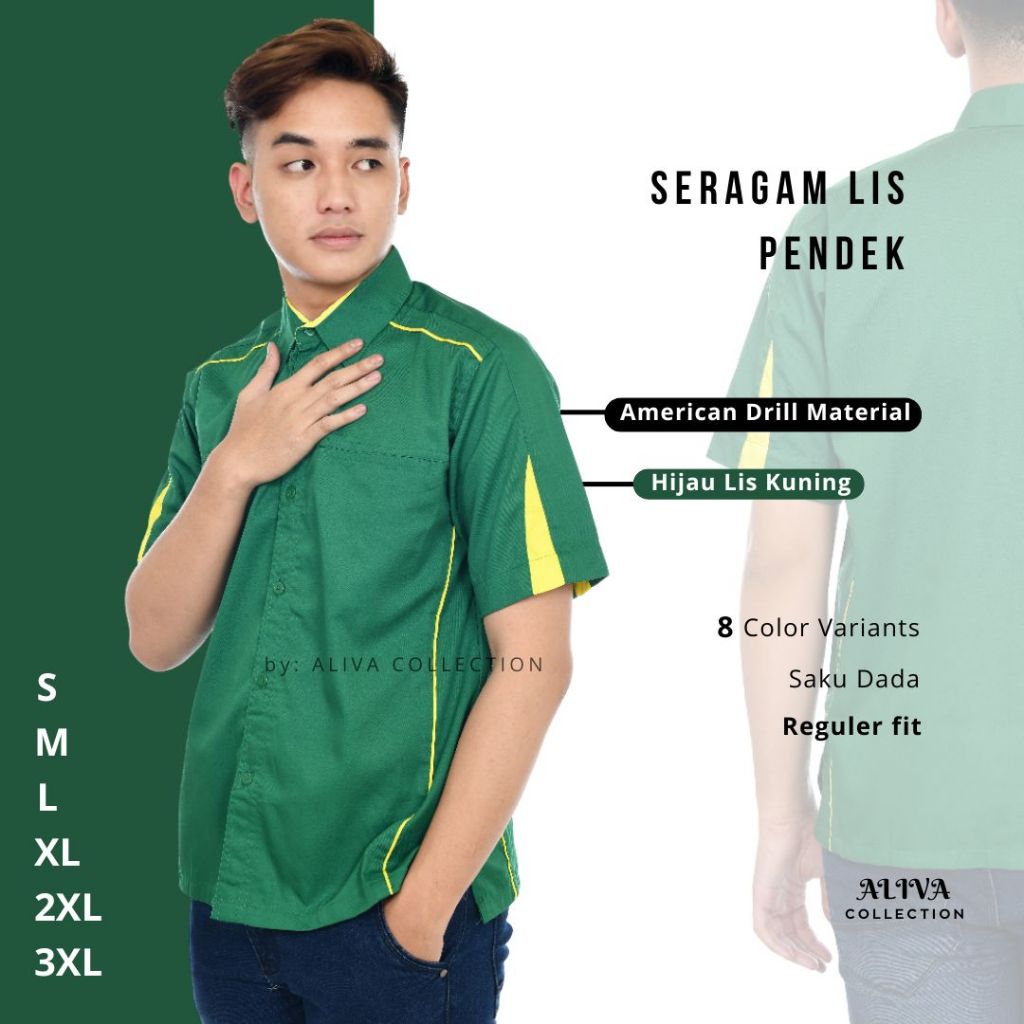 Kemeja Seragam Kerja Pria Lengan Pendek Polos/Seragam Kerja Kantor/Baju Hijau Lis Kuning