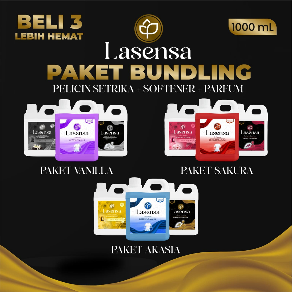 Lasensa Paket Bundling Pelicin Setrika Softener Parfum Laundry 1 Liter - Vanilla, Sakura, Akasia