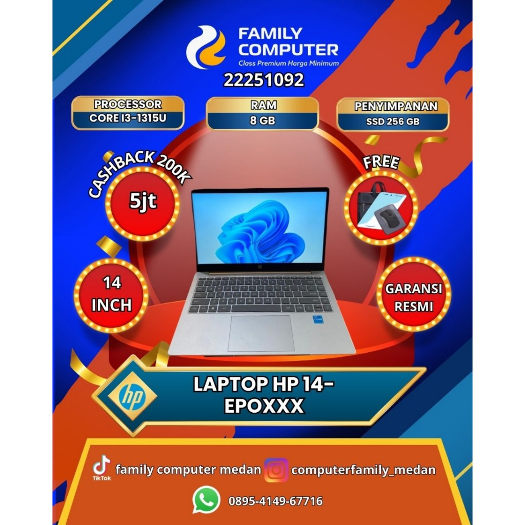 LAPTOP HP 14-EPOXXX | CORE I3-1315U | RAM 8GB | SSD 256GB | BACKLITE | GARANSI RESMI