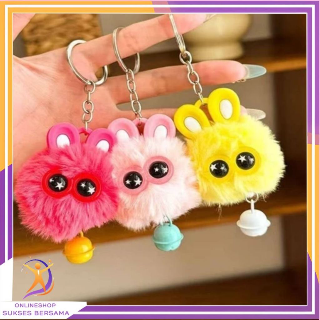 OSB Gantungan Tas Kunci Boneka Bola Bulu Bermata Besar Gantungan Kunci Kelinci Dengan Lonceng Bag Ch