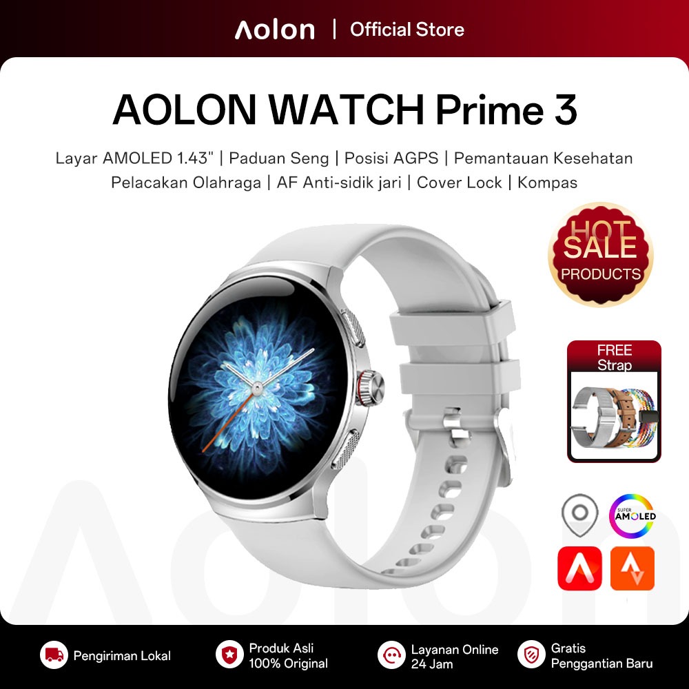 Aolon Prime 3 Smartwatch Pria Original 46mm Amoled AGPS Olahraga 100+ Cover Lock Tahan air 1ATM Tele