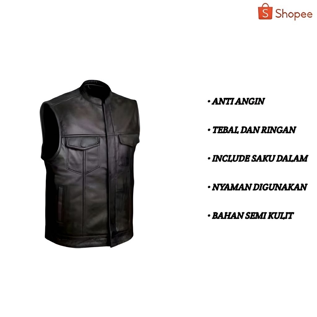 Jaket Rompi Kulit Pria Kualitas Distro Tebal Anti Angin | Vest Motor Touring Terbaru