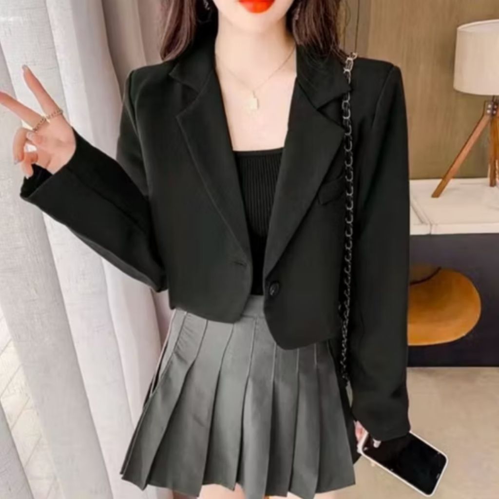 Blazer Crop Wanita High Twist Jas Crop Hitam Wanita
