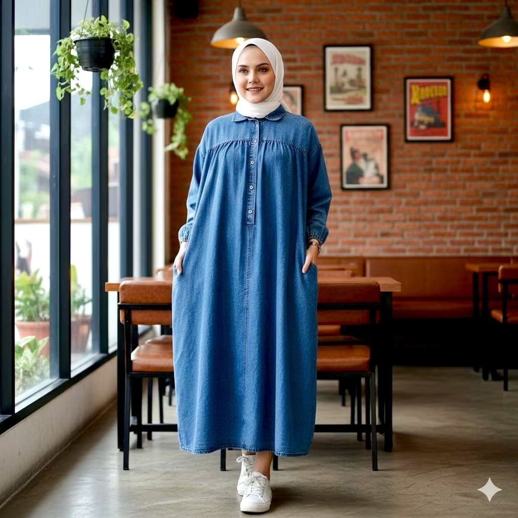 Gamis Jumbo Hanami Midi Dress Jeans Wash Premium/Midi Dress Jeans Wanita Jumbo Fashion Muslim Busui 
