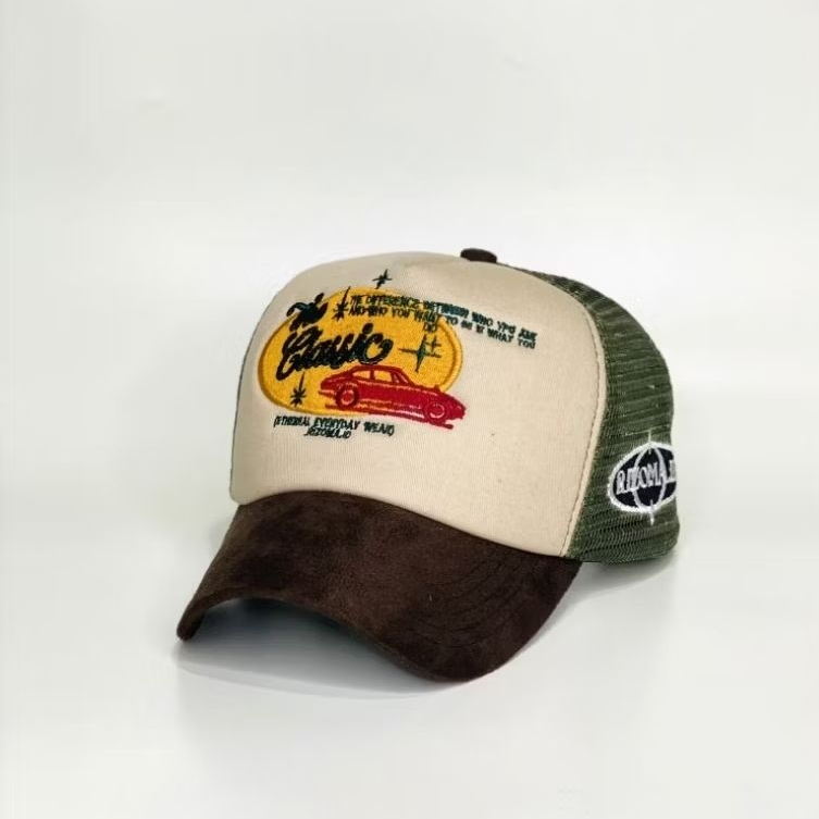 TOPI JARING TRUCKER HAT LIDAH PENDEK BAHAN SUEDE DARK BROWN MIX ARMY VISOR PENDEK THE CLASSIC