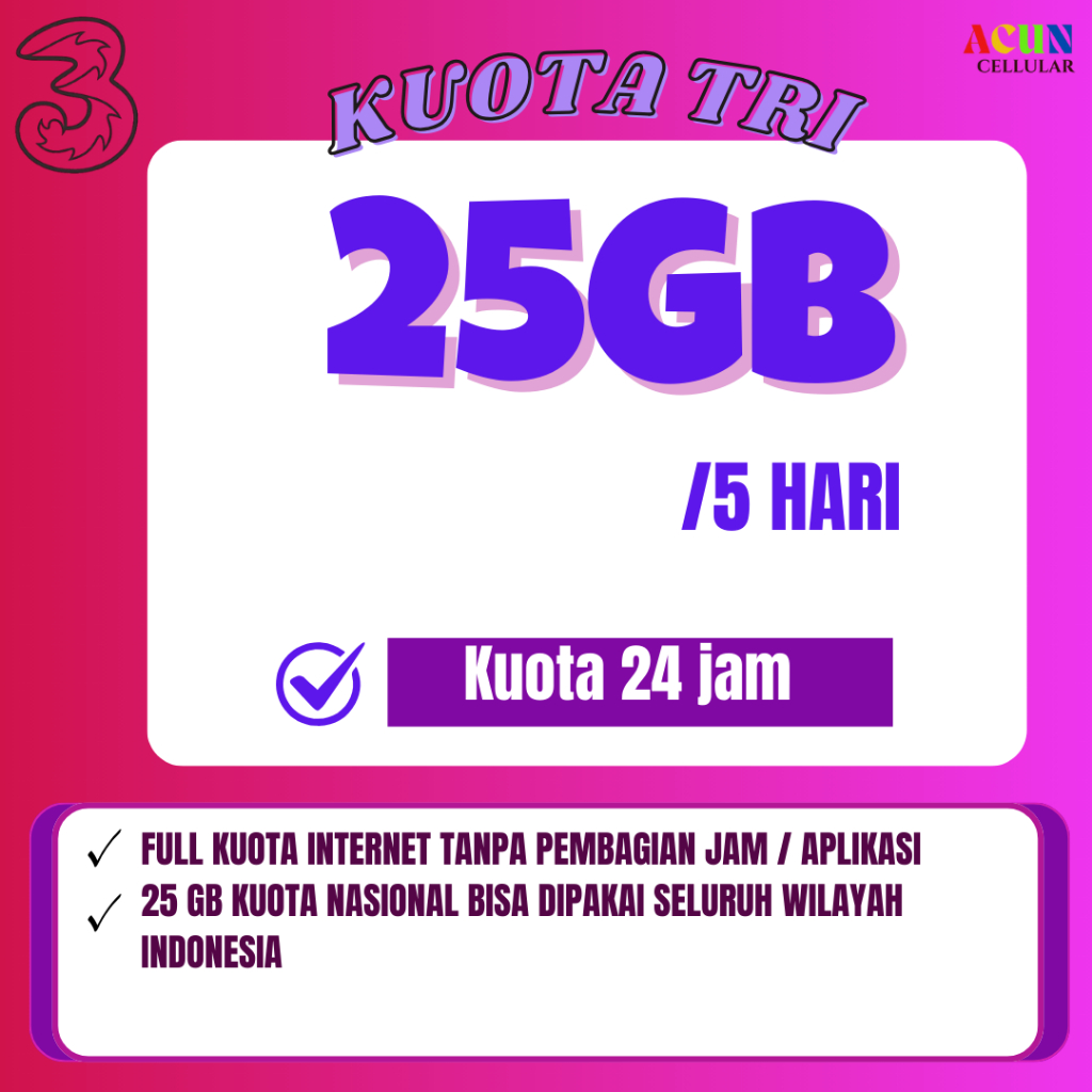 KUOTA TRI HARIAN 25 GB 5 HARI TERMURAH PROMO FULL 24 JAM