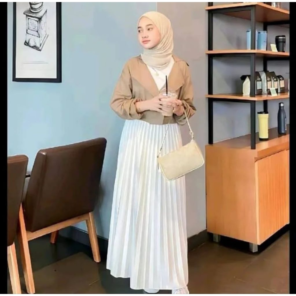 Rok Plisket Plisir Lipit Pleats Mayung Payung Muslimah Premium Warna Putih