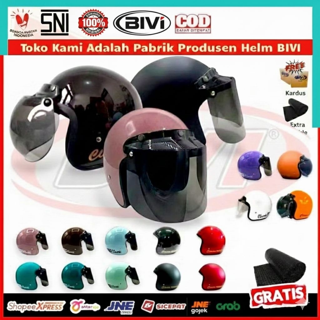 BIVI HELM Bogo Classic Dan Kaca - Polos Half Face SNI Dewasa Pria Wanita Hijab