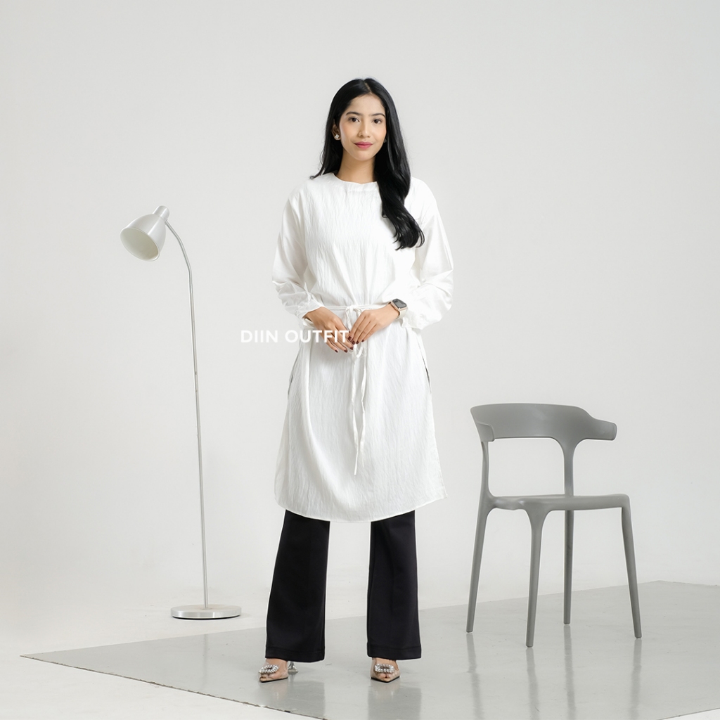 Xavira Tunik Shirt  - Atasan Oversize Midi Dress Linen - Baju Kondangan Formal Lebaran Putih Hitam