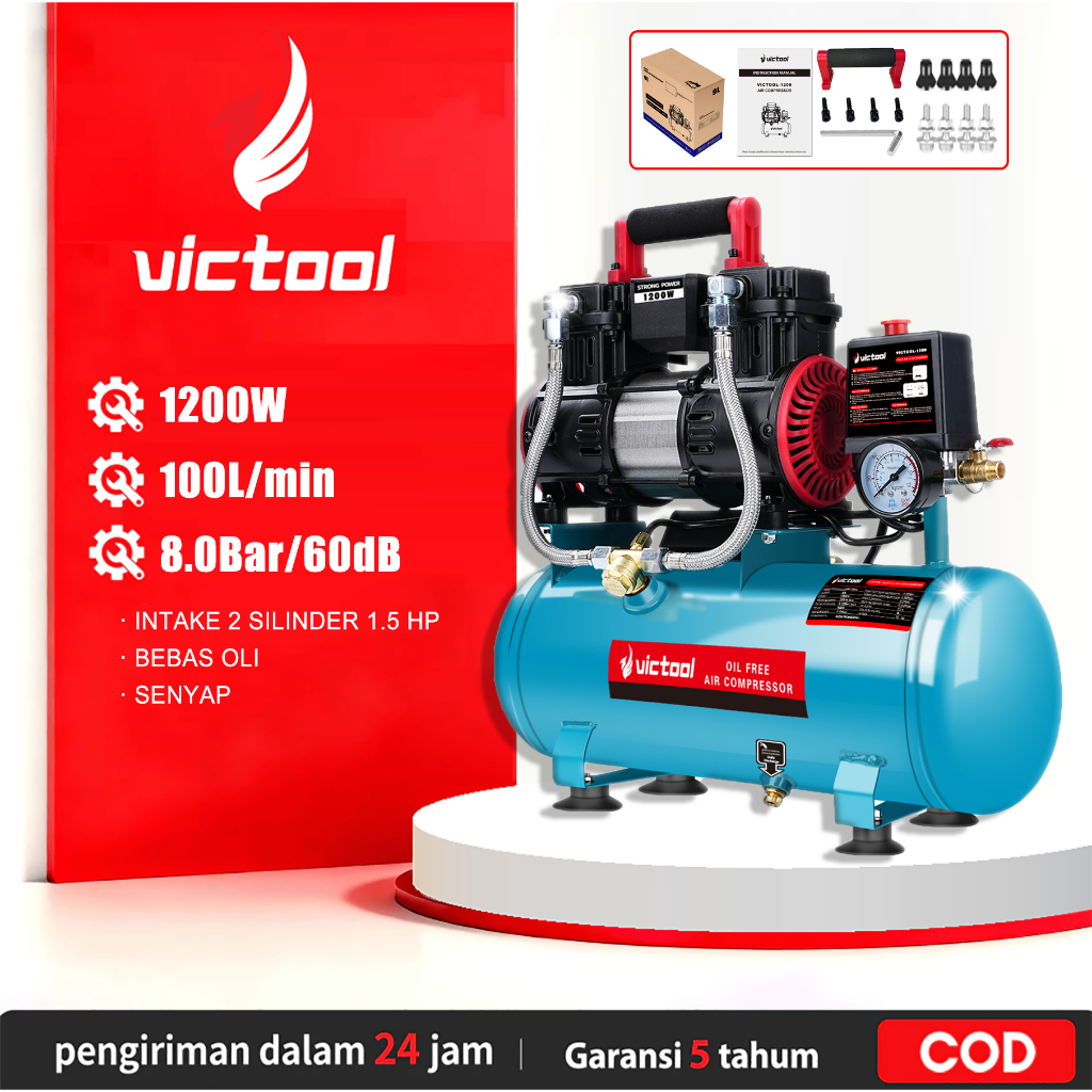 Victool Kompresor Angin Listrik 1200W Kompresor Mini Listrik 100L/MIN Oilless Air Compressor Angin