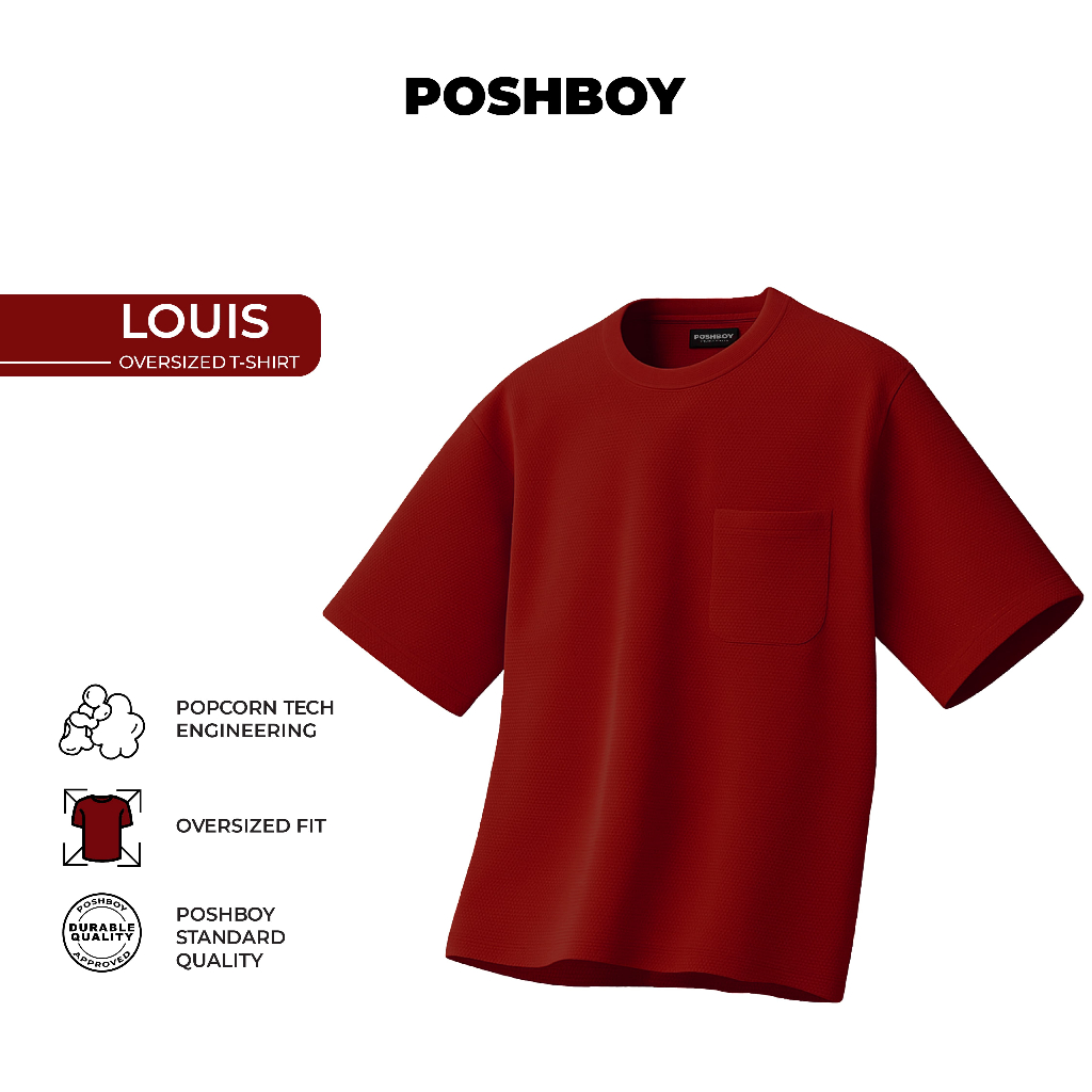 POSHBOY Louis Kaos Oversized Pria Warna Merah Oversized T-Shirt Kaos Polos Oversize Pria Basic Lenga