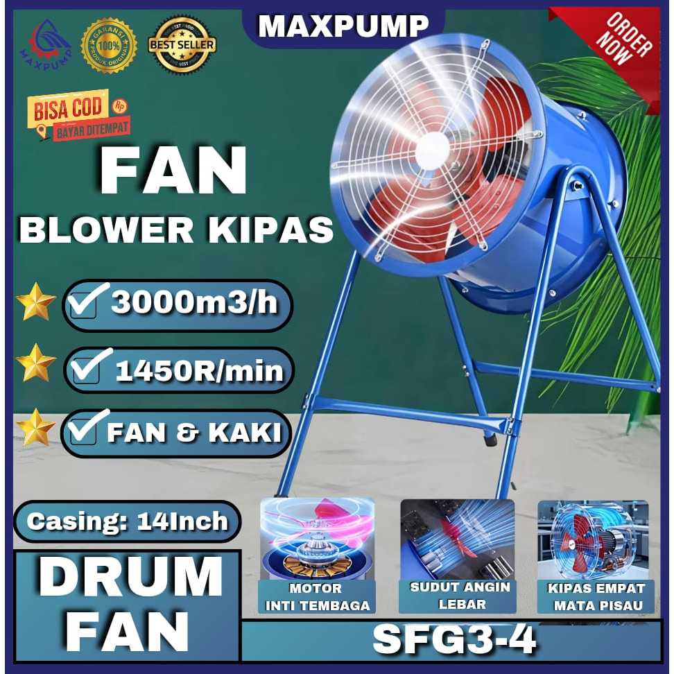 MAXPUMP Drum Fan 12 Inch Blower Angin Exhaust Fan Ventilator 14inch Blower Tabung Blower Gedung Exha